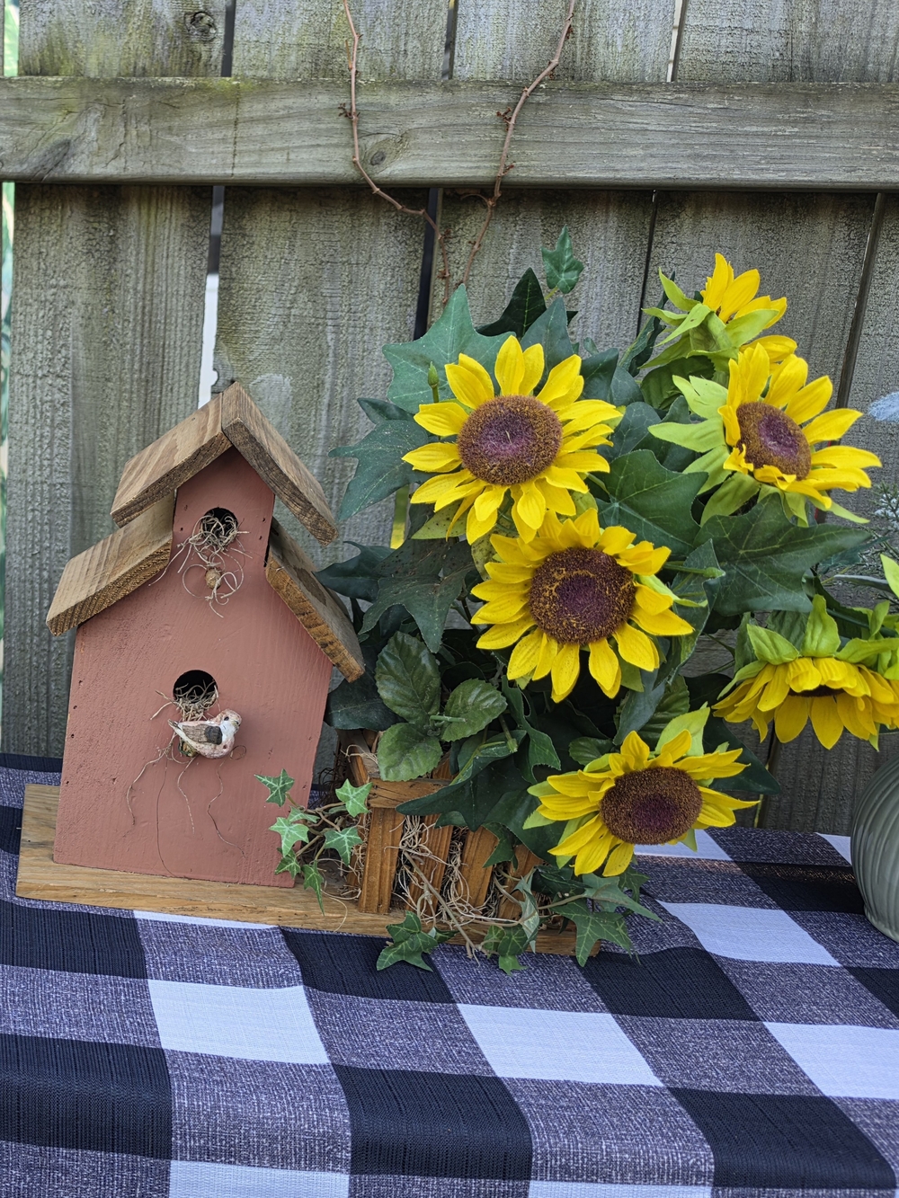 Rustic Country Birdhouse Planter with Yellow Sunflowers - Home Accents